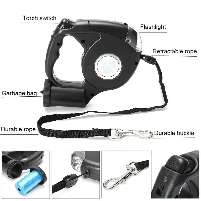 1Pc retractable dog leash with small garbage plastic bag and night light