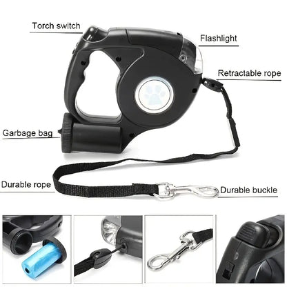 1Pc retractable dog leash with small garbage plastic bag and night light